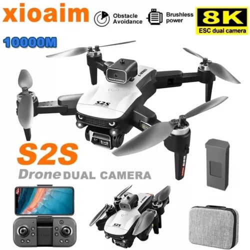 Dual-camera HD drone with four propellers and front camera, plus remote and battery case