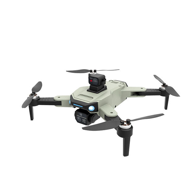 Foldable mini quadcopter drone with front camera and blue LED light, four propellers