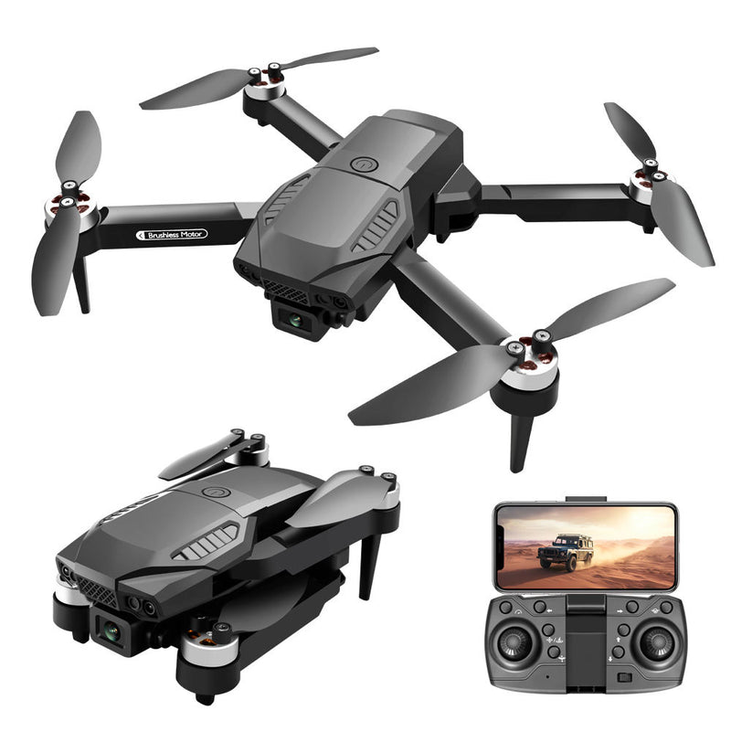 Foldable mini quadcopter drone with four propellers, dark gray body, with remote controller