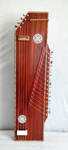Wooden tanpura-style string instrument with curved bridge and tuning pegs