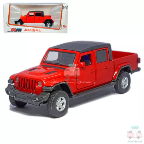 Red 1/36 scale diecast pickup truck model with alloy details, open grille and wheels