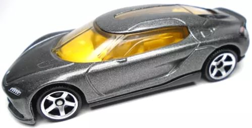 1:64 diecast sports car, dark gray body with yellow windows and detailed wheels