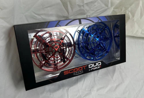 Hand-controlled dual drone with red and blue propeller rings