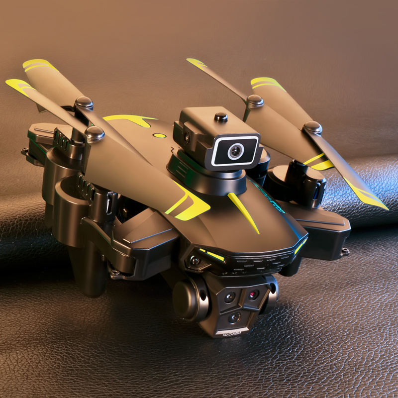 Three-camera folding quadcopter drone with front camera module, compact design