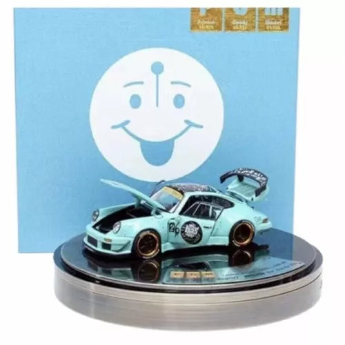 1:64 scale light blue and black diecast model car with number decal
