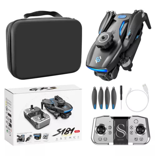 GPS 4K dual-camera drone kit with remote, propellers, batteries and carrying case