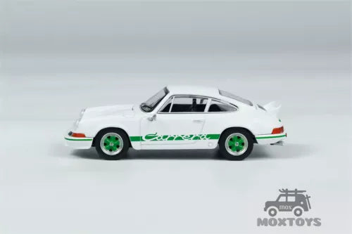 MINI GT 1:64 white diecast model car with green racing stripe graphics, side view