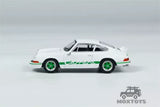 MINI GT 1:64 white diecast model car with green racing stripe graphics, side view