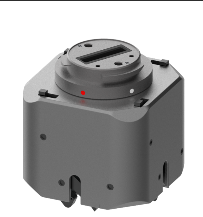 Gray drone transport loading module with circular top and red indicator light
