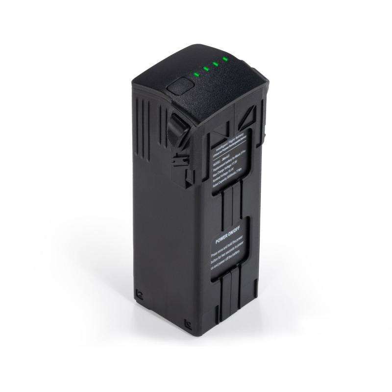 Black intelligent flight drone battery pack with status LEDs and connector pins