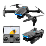Foldable quadcopter drone with dual cameras, blue LED lights, and handheld controller