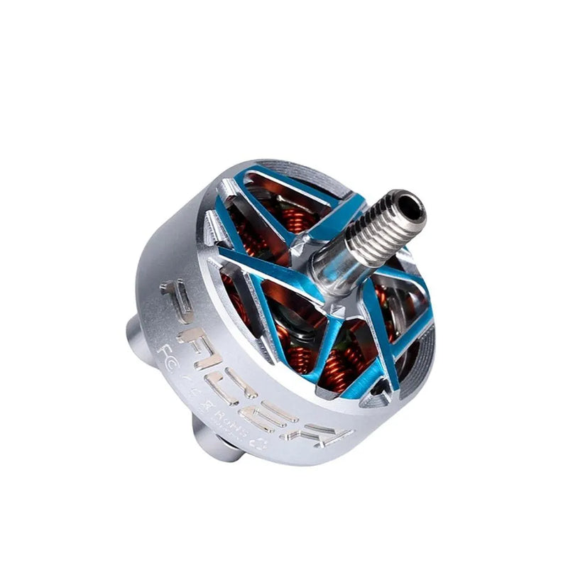 Mini FPV drone motor with silver housing, blue frame, and threaded shaft