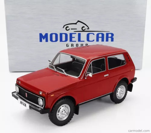Red diecast model car of a Lada Niva (1976), front 3/4 view