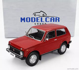 Red diecast model car of a Lada Niva (1976), front 3/4 view