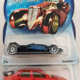 Hot Wheels diecast red hotrod car with black wheels, shown in clear blister pack