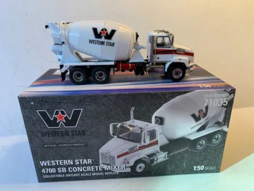 Diecast cement mixer truck model with light blue cab and white rotating drum