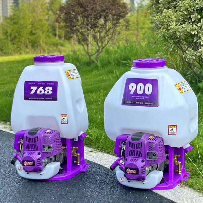 Gasoline power sprayer with purple engine and white tank, two units