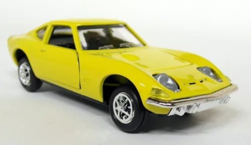 Yellow diecast model car, front three-quarter view, chrome wheels and black details