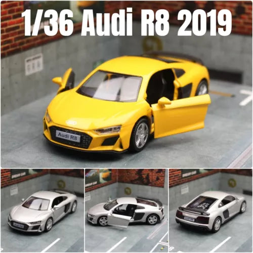 Yellow 1/36 scale Audi R8 2019 diecast toy car, front three-quarter view, black wheels