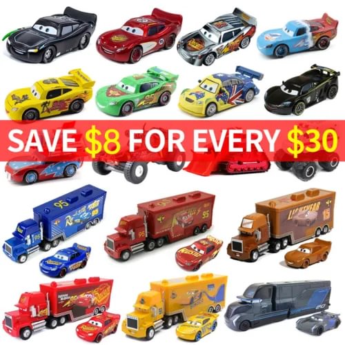 Diecast alloy model car set with assorted character cars in red, yellow, blue, black