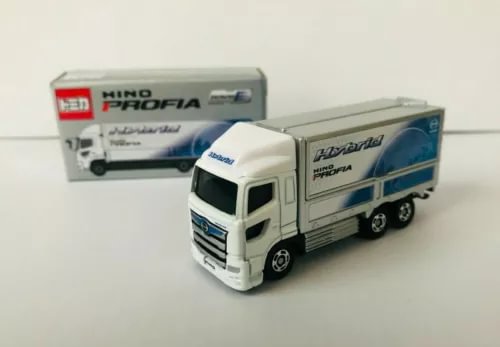 Toy diecast HINO Profia hybrid truck model, white cab with blue side graphics