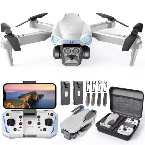 White quadcopter drone with camera and controller accessories kit