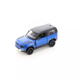 Blue diecast toy SUV model car, front three-quarter view, black wheels and grille