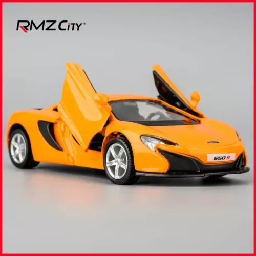 Orange diecast toy sports car with doors open and black front splitter