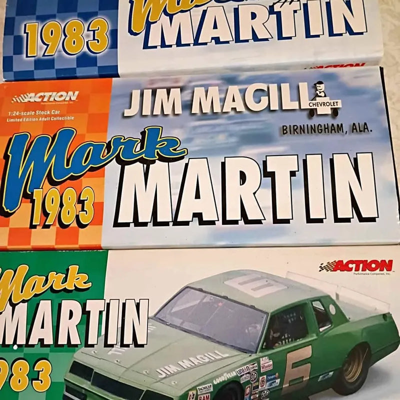 Green and white diecast bank model car in box, Mark Martin Hankinson ND