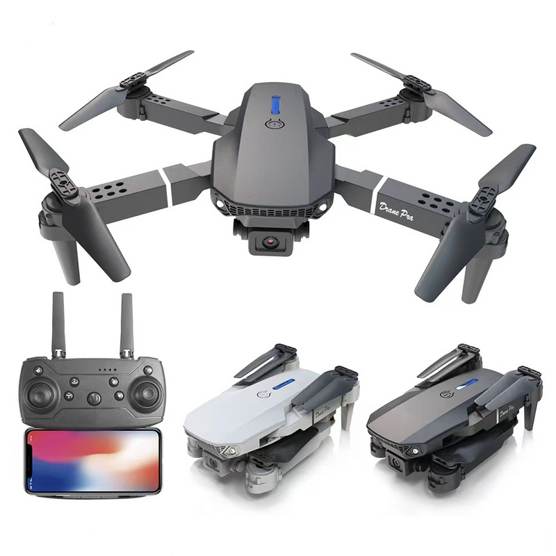 Foldable quadcopter drone with four propellers and built-in camera, plus handheld remote controller