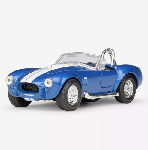 Blue and white diecast convertible model car, front three-quarter view
