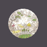 Circular scenic artwork with greenery, road, and a river in a round frame