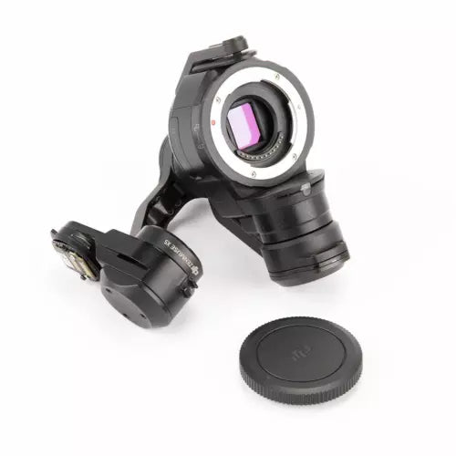3-axis gimbal camera with lens mount and protective cap, black housing