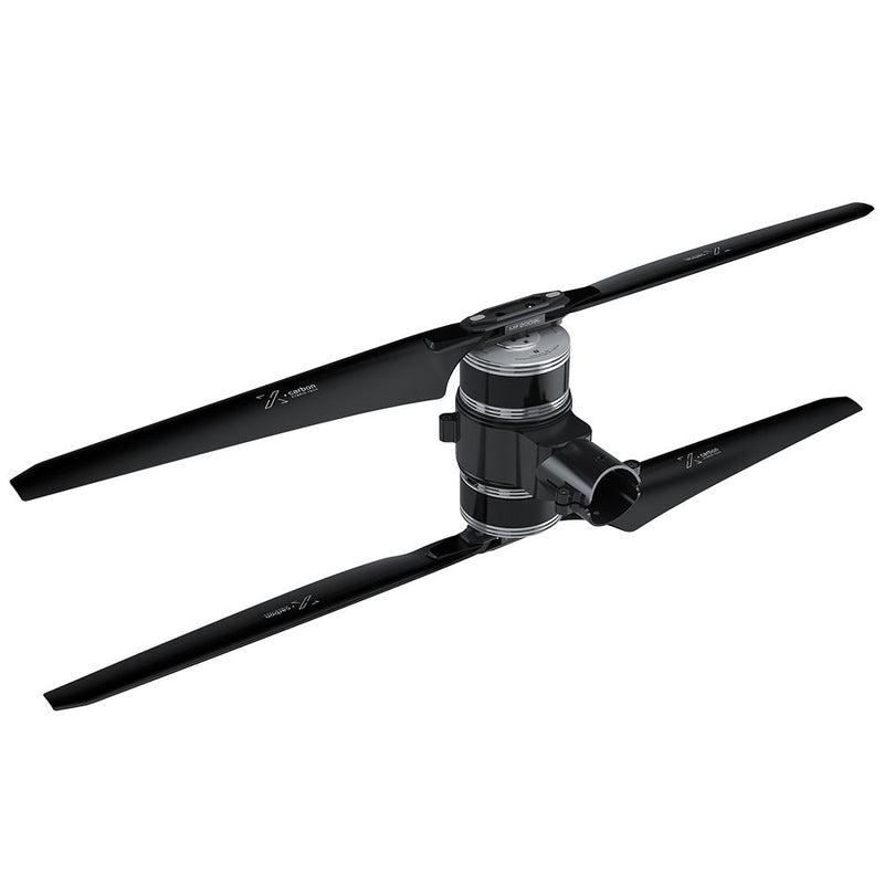 Drone propulsion motor with two black propellers and central housing