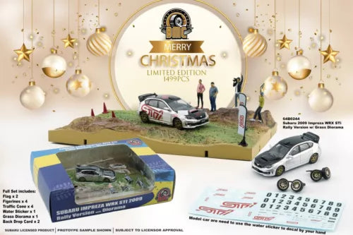 Rally diecast car toy with diorama base, boxed display, white and dark gray.
