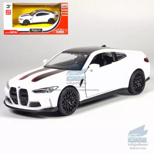 White diecast model car, front 3/4 view with black wheels and detailed grille