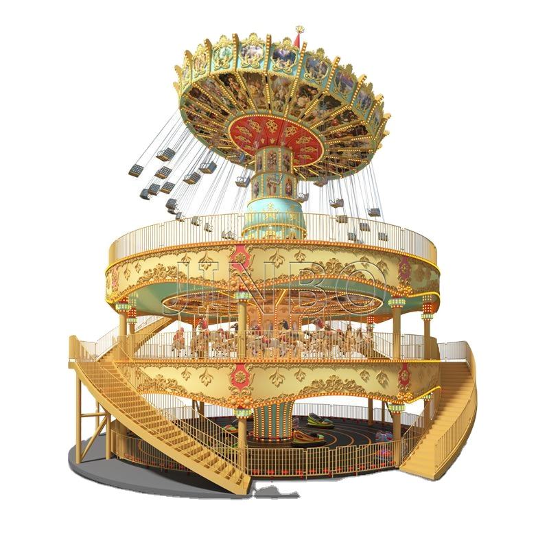 Amusement park carousel ride with golden top and red center canopy