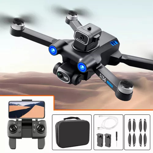 Foldable quadcopter drone with front camera and blue LED lights