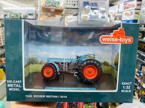 Weise-Toys 1:32 die-cast tractor model box, blue tractor with orange wheels
