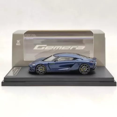 1:64 blue Gemera hybrid supercar diecast model in clear display case