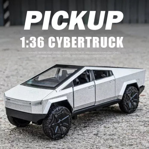 1:36 diecast Cybertruck model car, silver-gray body with black wheels, side view