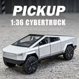 1:36 diecast Cybertruck model car, silver-gray body with black wheels, side view