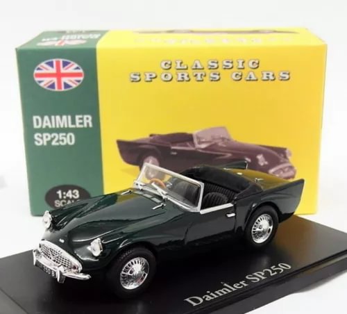 Classic sports car diecast model, dark green/black, on display base