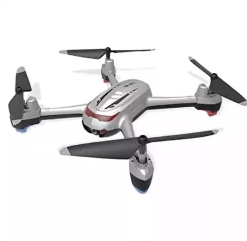 Compact quadcopter drone with white body and four black propellers, red accent stripe