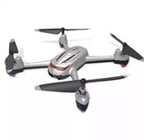 Compact quadcopter drone with white body and four black propellers, red accent stripe