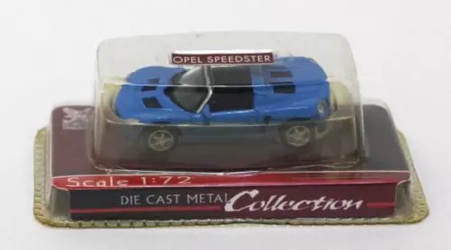 Blue 1:72 diecast Opel Speedster model car in clear blister packaging