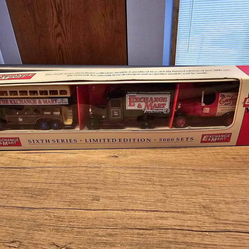 Diecast car set in retail box showing six cars and Exchange Mart branding