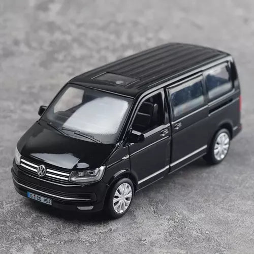 1:36 Volkswagen Multivan T6 MPV diecast car toy in black, front 3/4 view