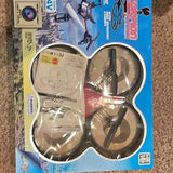 Remote controlled drone in blister packaging with four visible propellers