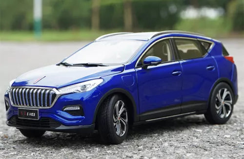 1/18-scale HongQi E-HS3 SUV diecast model car, blue front three-quarter